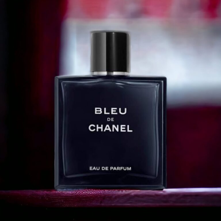 Bleu de Chanel perfume bottle on a dark background