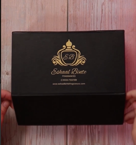 Eshaal Binte black gift box with gold logo