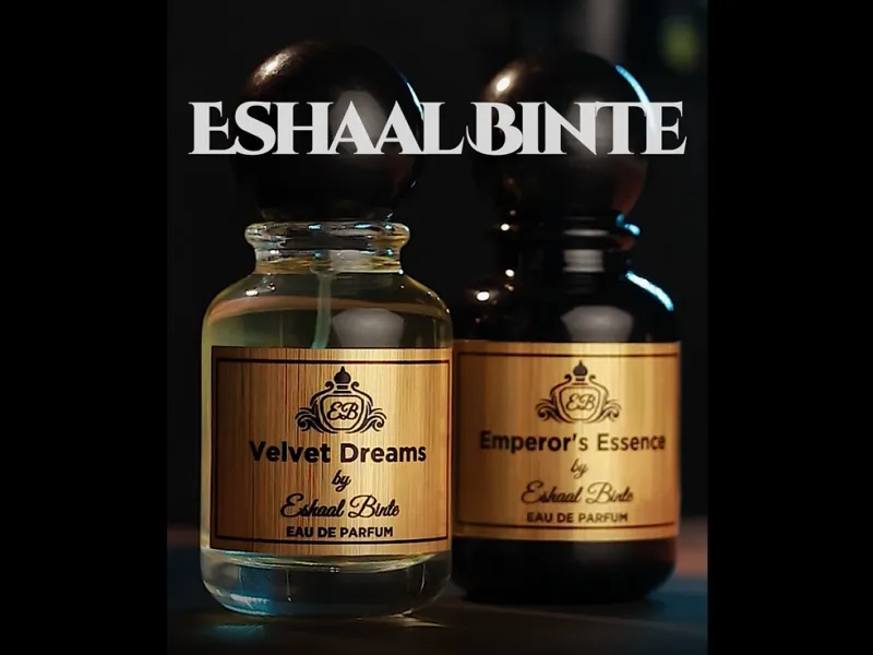 Eshaal Binte perfume bottles in black and gold